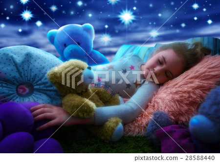 Little girl sleeping with teddy bear in bed Little girl sleeping with teddy bear in bed 28588440