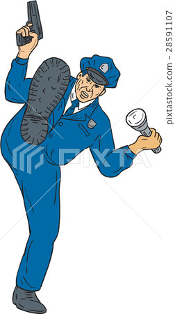 Policeman Gun Flashlight Torch Kicking Drawing 28591107