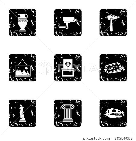 Stay in museum icons set, grunge style 28596092