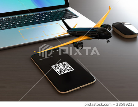 An airplane flying off the smartphone on the table. Concept of mobile check-in 28599232