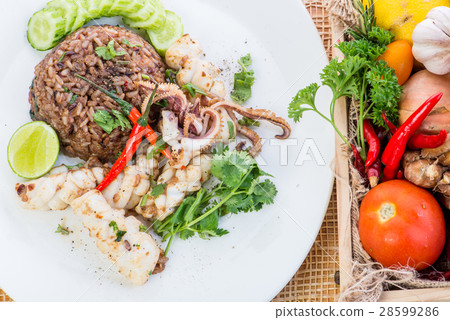 Fried rice with Squid, Shrimp paste, Thai style Fried rice with Squid, Shrimp paste, Thai style 28599286