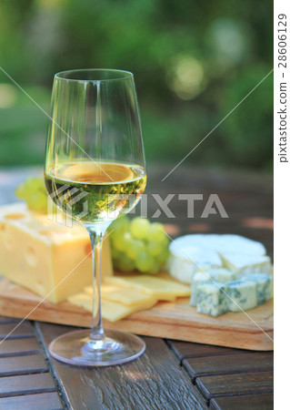 Various sorts of cheese, grapes and white wine 28606129