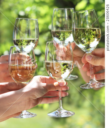 People holding glasses of white wine making toast People holding glasses of white wine making toast 28606426