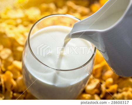 Milk pouring from a jug into a glass 28608317