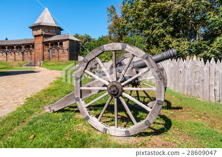 Ancient gun installed on wooden carriages 28609047