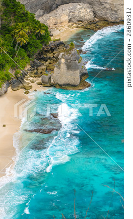 Rock in the ocean with beautiful palms behind at 28609312