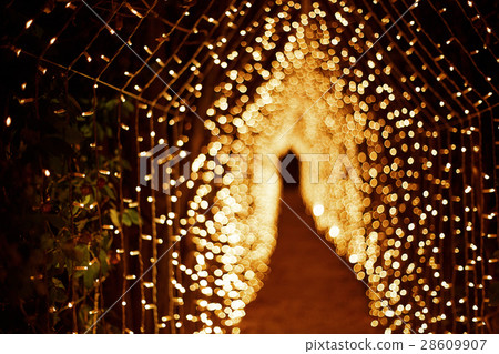 Bright yellow lamps made arch over the path Bright yellow lamps made arch over the path 28609907