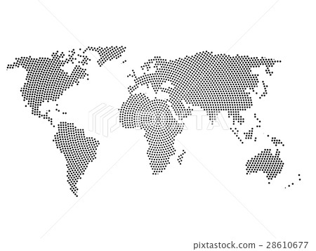 Black halftone world map of small dots in radial 28610677