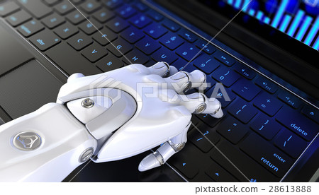 Robot's hand types on keyboard 28613888