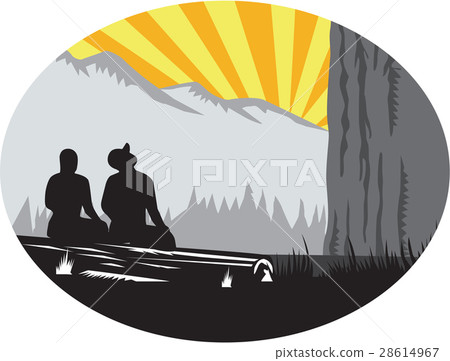 Trampers Sitting Looking Up Mountain Oval Woodcut 28614967