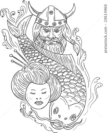 Viking Carp Geisha Head Black and White Drawing 28614968