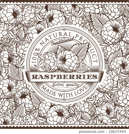Vintage Raspberries Label On Seamless Pattern 28625444