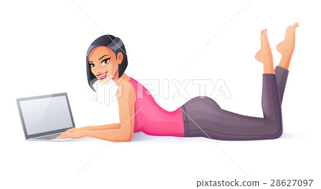 Vector positive young woman working with laptop Vector positive young woman working with laptop 28627097