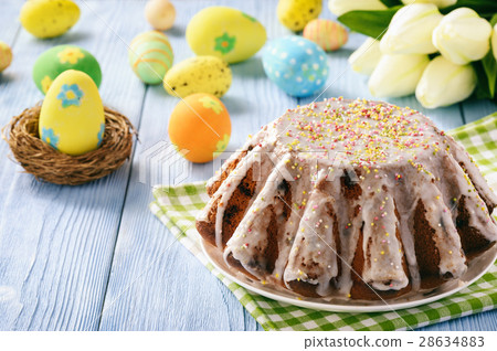 Easter cake on easter festive table. Copy space. 28634883