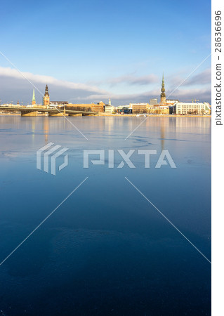 Panorama of Riga on the frozen river Panorama of Riga on the frozen river 28636696
