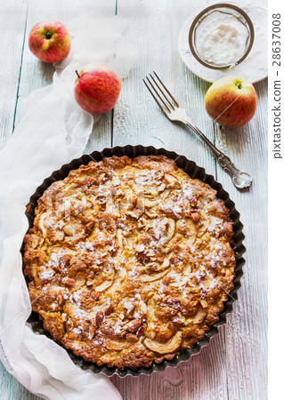 Homemade apple and almond cake in baking dish 28637008