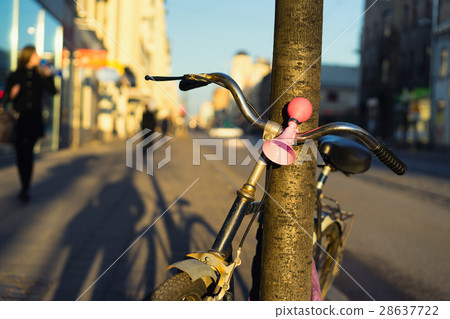 Bicycle with a pink signal in a tree on the street Bicycle with a pink signal in a tree on the street 28637722