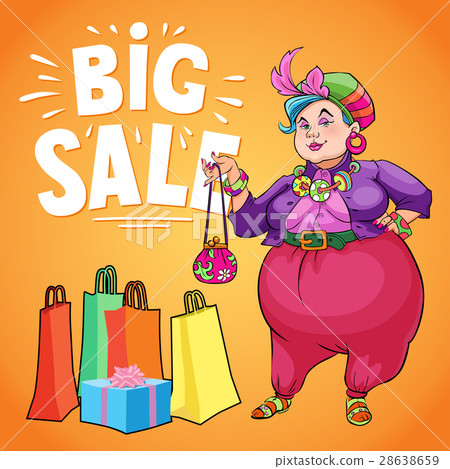 Funny Fat Lady Holding Shopping Bag to Promote Funny Fat Lady Holding Shopping Bag to Promote 28638659