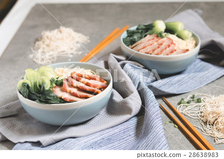 delicious egg noodle with red pork and vegetable delicious egg noodle with red pork and vegetable 28638983