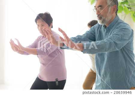 Energetic Japanese senior men and women playing Tai Chi 28639946