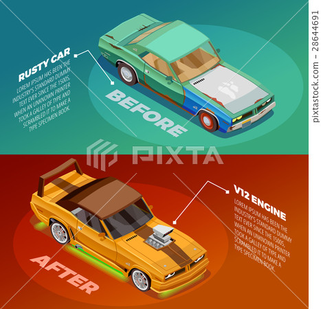 Car Tuning 2 Isometric Banners Set  28644691