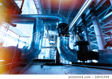 Industrial Steel pipelines and cables in blue tone 28645494
