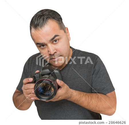 Handsome Hispanic Young Male With DSLR Camera Isolated on a Whit Handsome Hispanic Young Male With DSLR Camera Isolated on a Whit 28646626