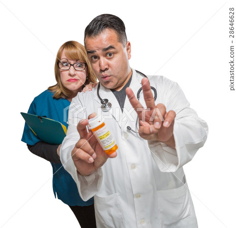 Goofy Doctor and Nurse with Prescription Bottle Isolated on a Wh 28646628