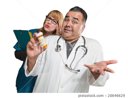 Goofy Doctor and Nurse with Prescription Bottle Isolated on a Wh Goofy Doctor and Nurse with Prescription Bottle Isolated on a Wh 28646629