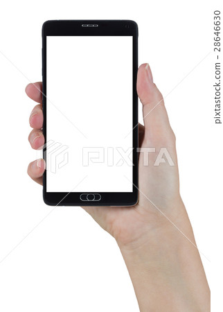 Female Hand Holding Smart Phone with Blank Screen on White 28646630