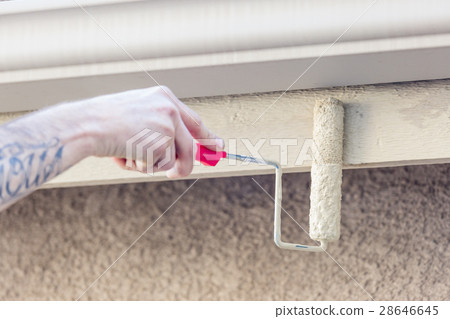 Professional Painter Using Small Roller to Paint House Fascia 28646645
