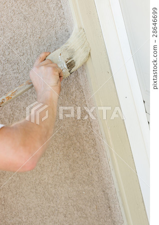 Professional Painter Cutting In With Brush to Paint Garage Door 28646699