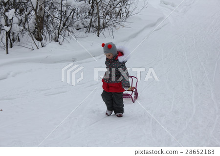Child carries a sled in the winter forest 30031 Child carries a sled in the winter forest 30031 28652183