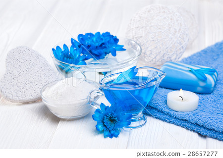 still life of sea salt essential oils and 28657277