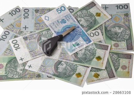 Car keys on Polish zloty notes background isolated Car keys on Polish zloty notes background isolated 28663108