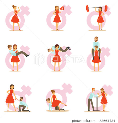 Woman In Red Dress Taking On Traditional Male Woman In Red Dress Taking On Traditional Male 28663184