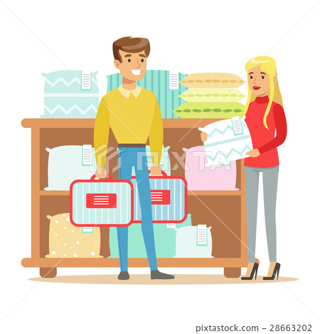 Couple Buying Bedsheets For Bedroom, Smiling Couple Buying Bedsheets For Bedroom, Smiling 28663202