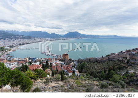 Panorama of Alanya Mediterranean town showing sea Panorama of Alanya Mediterranean town showing sea 28663827