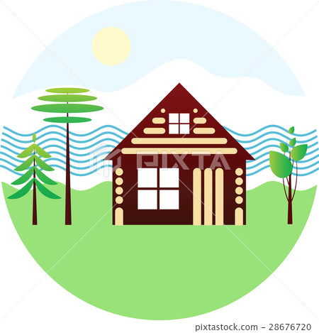 Set icon - blockhouse, river, different trees Set icon - blockhouse, river, different trees 28676720