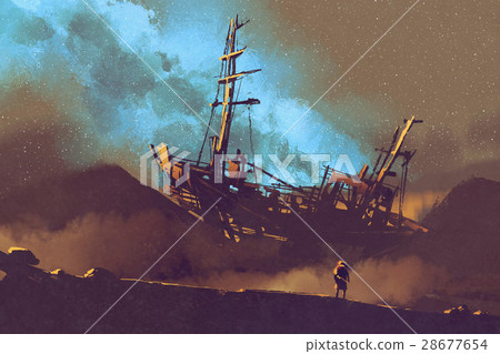 abandoned ship on the desert with stary sky abandoned ship on the desert with stary sky 28677654