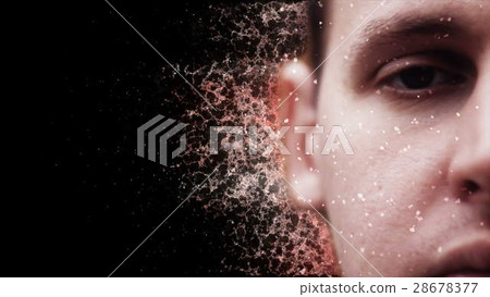 the man's face with flying from his particles the man's face with flying from his particles 28678377