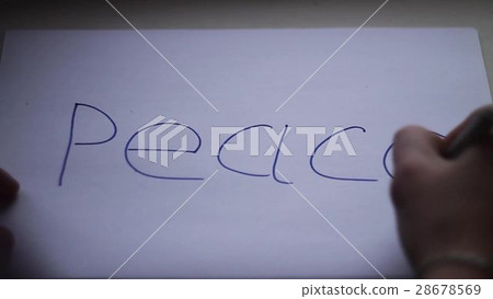 hand of man writes the word peace on a white  28678569