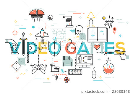 Modern thin line banner of classic game objects 28680348