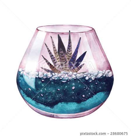 Watercolor. Neon color. Terrarium for succulents 28680675