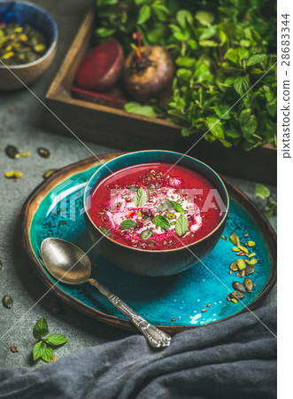 Beetroot soup with mint, chia, flax and pumpkin Beetroot soup with mint, chia, flax and pumpkin 28683344