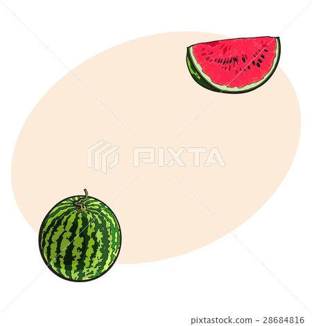 Whole watermelon and red slice with black seeds 28684816