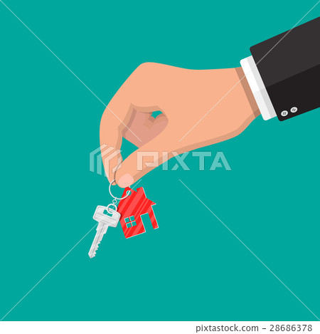 Hand and metal key with keychain house 28686378