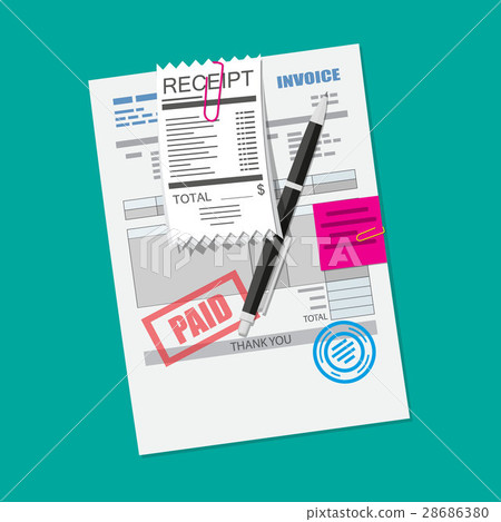Paper invoice form. Pinned receipt bill. Pen 28686380