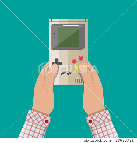 Old Gadget. Handheld game console in hands Old Gadget. Handheld game console in hands 28686381
