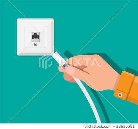 RJ45 LAN cable in hand and network socket 28686391